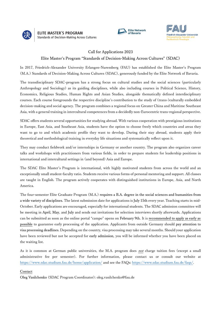 sdac_fau's tweet photo. Please take a look at the Call for Applications for @sdac_fau @UniFAU
We are looking forward to applications from many candidates with various academic and cultural backgrounds!

For more details > https://t.co/b5OPAfIFII

#MAanthropology #Masters #MasterCourses #MAinGermany https://t.co/O8gce6Duaf