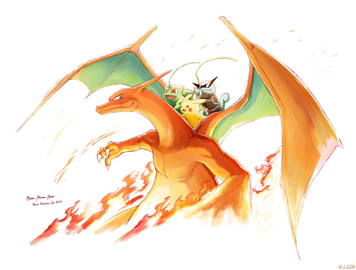 charizard ,pikachu pokemon (creature) fire flame-tipped tail no humans claws flame riding pokemon  illustration images