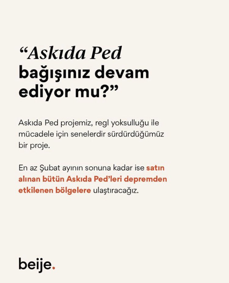 bitchilvnte's tweet photo. Beije, ilk günden beri deprem bölgesine ped yardımı yapıyor. Askıda ped satın alarak siz de deprem bölgesine ped yardımında bulunabilir, regl yoksulluğuyla olan mücadeleye bir tuğla da siz koyabilirsiniz. #beije
https://t.co/2tAMGe6CQm https://t.co/g8jPteZLFQ