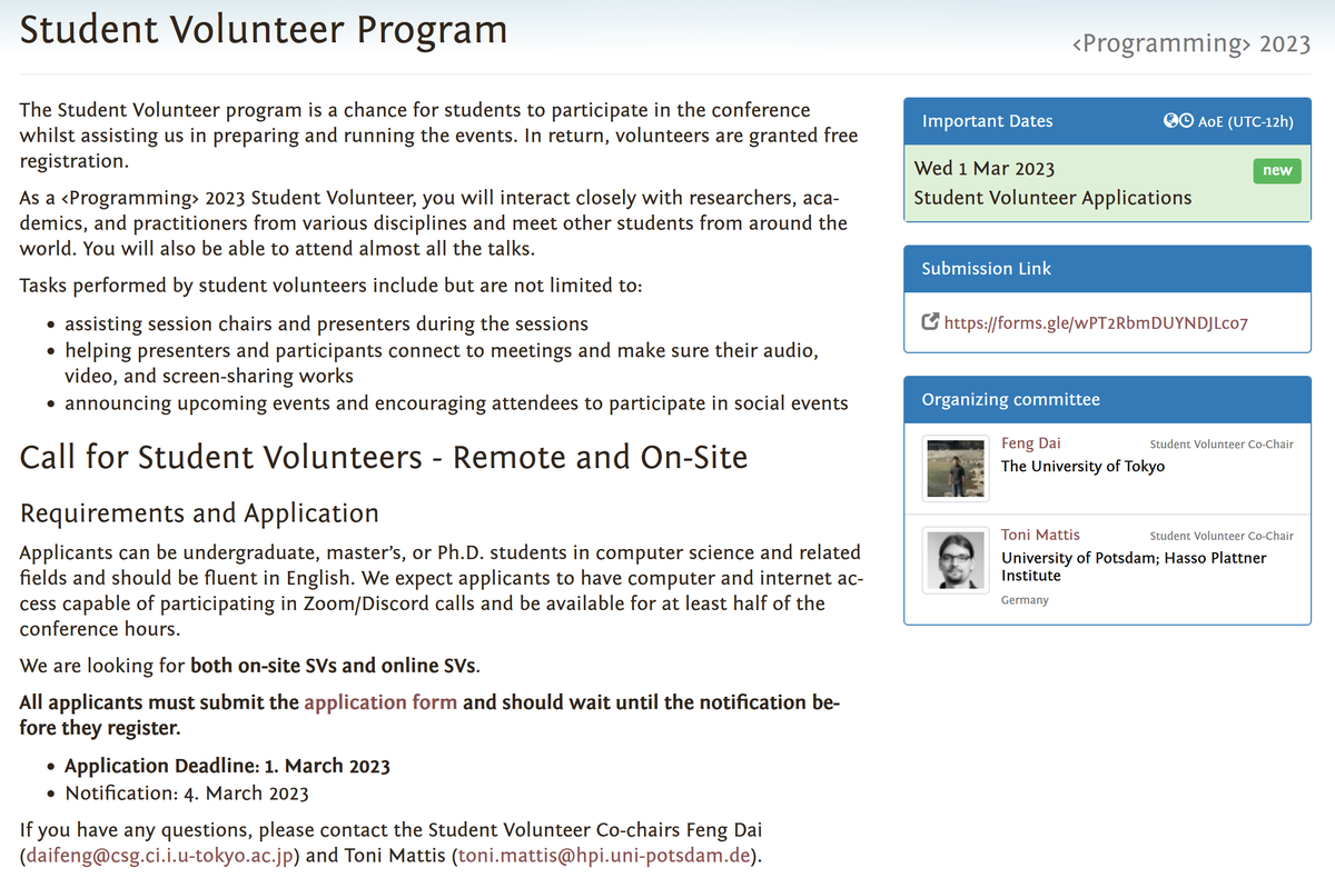 programmingconf's tweet photo. Are you a student interested in #prog23? Then apply for the Student Volunteer Program

Application deadline is March 1st, 2023

https://t.co/5Xp9IkwNCi https://t.co/O31f5s04y5