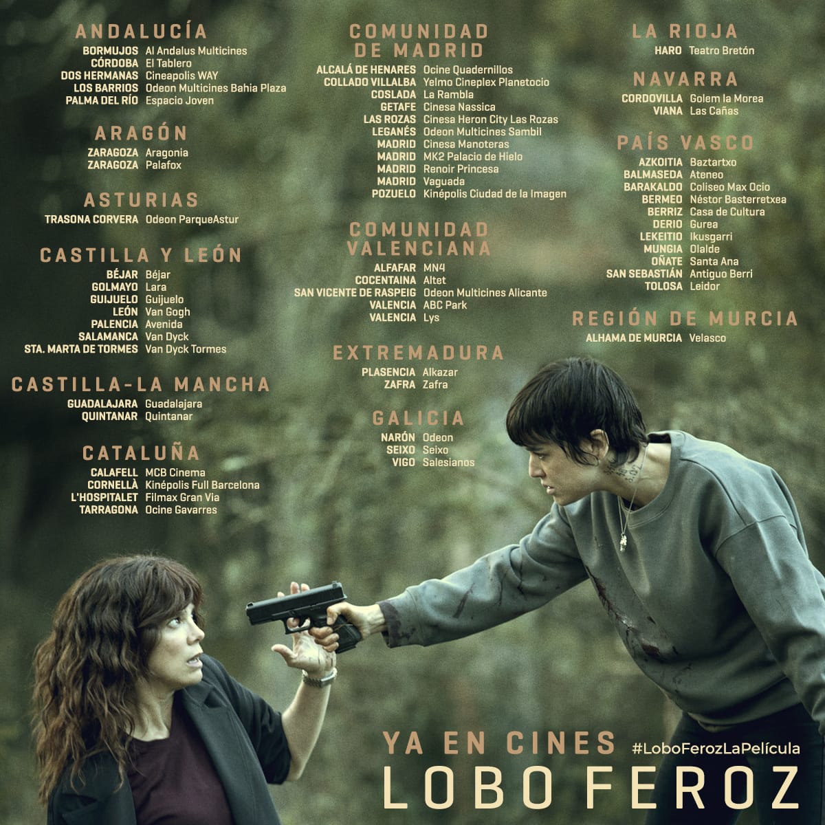 ¡El peligro acecha a todos los protagonistas de #LoboFerozLaPelícula! 🐺

La venganza está servida en todos estos cines a partir de hoy. 🎞 El thriller con <a href="/UgarteAdri/">Adriana Ugarte | F.A.</a>, <a href="/javiergutialva/">Javier Gutiérrez</a>, @rubenochandiano y <a href="/juana_acosta/">Juana Acosta</a> inicia su 3⃣ª semana en cartelera.