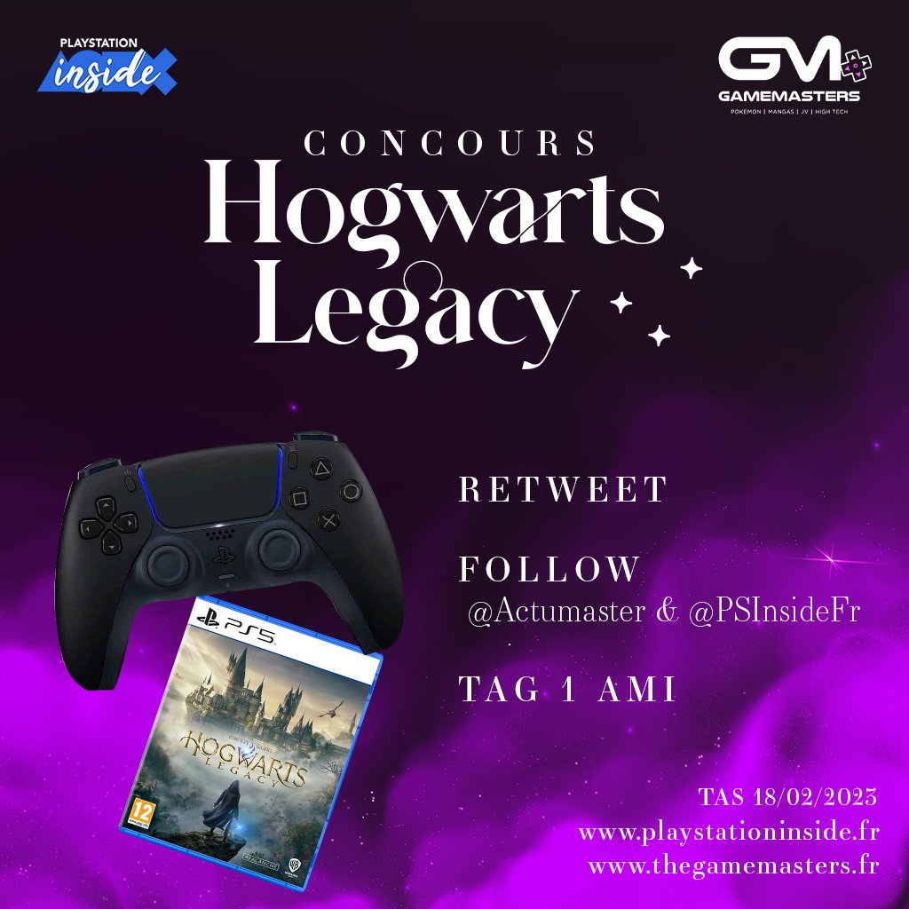 PSInsideFr's tweet image. CONCOURS ⚡️

Gagnez #HogwartsLegacy sur PS5 et une #DualSenseBlack 🔥

► RT + Follow @PSInsideFr et @ActuMaster 
► Tag un ami en com’ 

TAS le 18 février ! 💥