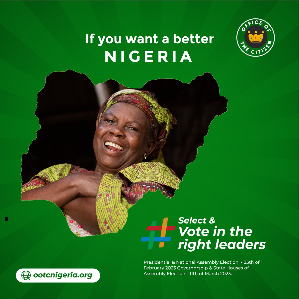 ootcnigeria's tweet photo. You deserve a better Nigeria.
Choose a leader that will give you the Nigeria you deserve.
#ootcnigeria #selectright #choosewisely #NigeriaDecides2023 #Nigeria
@fixpoliticsnig @TheSPPG @inecnigeria @YIAGA @EiENigeria https://t.co/wW1rS0FihM