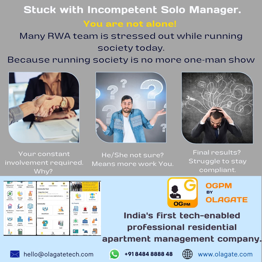 olagateapp's tweet photo. Don't let incompetent solo managers bog you down. Give your residential complex the modern makeover it needs with the help of India's first tech-enabled professional residential apartment management company. 

#apartmentmanagement #rwa #ogpm #olagateapp  #propertymanagement https://t.co/QNPNRDbF7r