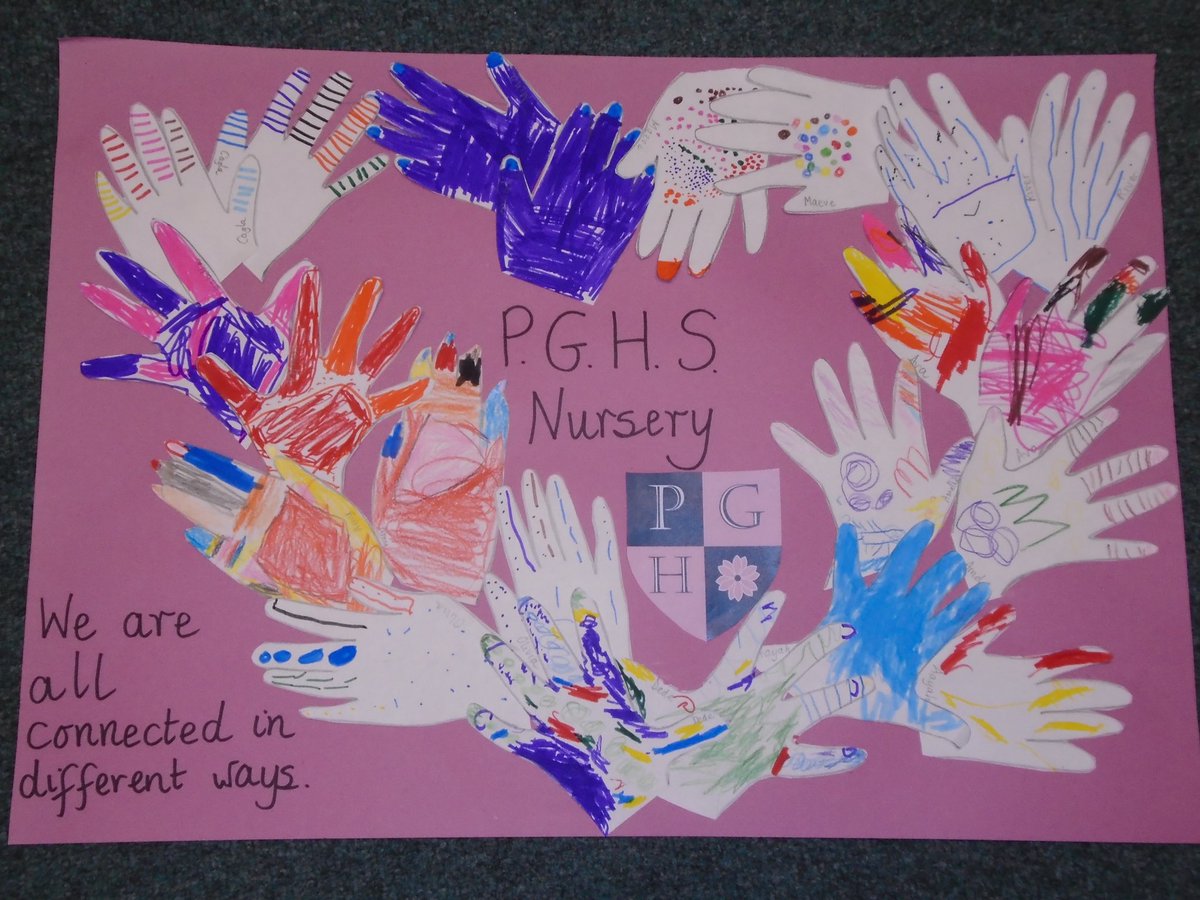 PGHSGirls's tweet photo. As part of @Place2Be Children’s Mental Health Week focusing this year on ‘Let’s Connect’, our Nursery girls have spoken about what connects us and then the girls decorated their handprints, which made a heart shape #childrensmentalhealthweek #place2be #byloveserveoneanother https://t.co/azRGMECidl