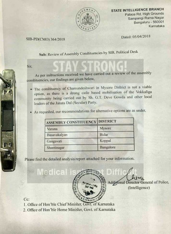 Anjan94150697's tweet image. KARNATAKA EXCLUSIVE:

#IntelligenceData: Attached the State Intelligence Report alerting then CM #Siddaramaiah to not contest Polls from Chamundeshvari as there is a strong mobilisation of Vokkaligas in favour of GTD.

The Intelligence argued to contest from Gangavathi, Varuna..