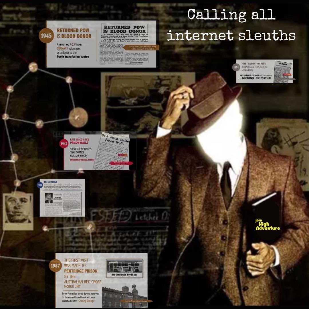 InfectedBloodAu's tweet photo. Calling all #internetsleuths…

We need you to tune in to our #podcast #joinHighAdventure &amp; help us solve the #mystery…

Was #Australia’s deadliest #medical scandal #TaintedBlood really an accident?  

Tune in here https://t.co/pZg9dsZWQ1

#Health #Sherlock #coverup #AIDS https://t.co/8L8QXZEdq6