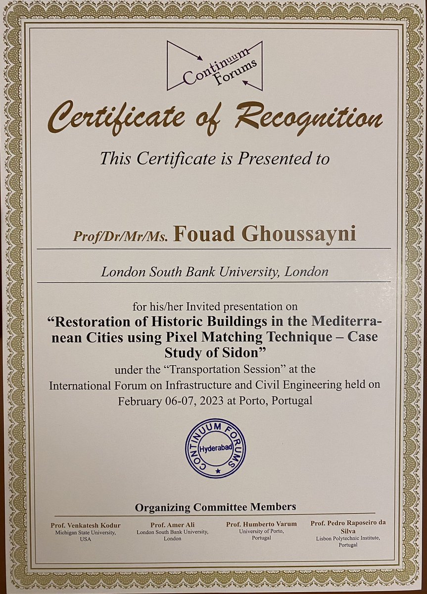 FouadGhou's tweet photo. Presenting at #ICEFORUM2023 ‘Restoration of Historic Buildings in the Mediterranean Cities using Pixel Matching Technique - Case Study of Sidon‘ under the ‘Transportation Session’ at the Int’l Forum on Infrastructure and Civil Engineering held on Feb 06-07, ‘23 at Porto,Portugal https://t.co/iQ6L0Iy7Wu
