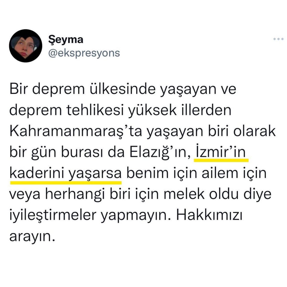 izmirgibiyiz's tweet photo. İzmir'i vuran 6,9 büyüklüğündeki depremin ardından Twitter hesabında paylaşım yapan Şeyma'nın depremde yaşamını yitirdiği belirlendi. https://t.co/wX7yvb1SVH