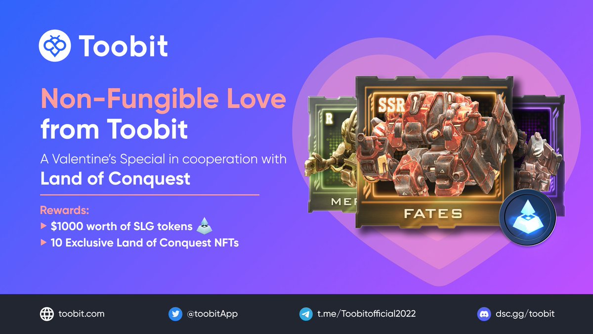 Toobit_official's tweet photo. 💓 #TooBit will be celebrating this #LoveMonth with a joint #giveaway event with @LandofConquest!

🎁 #Rewards:
🔸 $1000 worth of $SLG
🔸 10 exclusive #LOC #NFTs

📅 Period: Feb. 10-17 (UTC)

Learn more and participate: 👇
https://t.co/Nu8HcJqfW6

#ValentinesDay #ValentinesWeek https://t.co/v7mYTLxL62