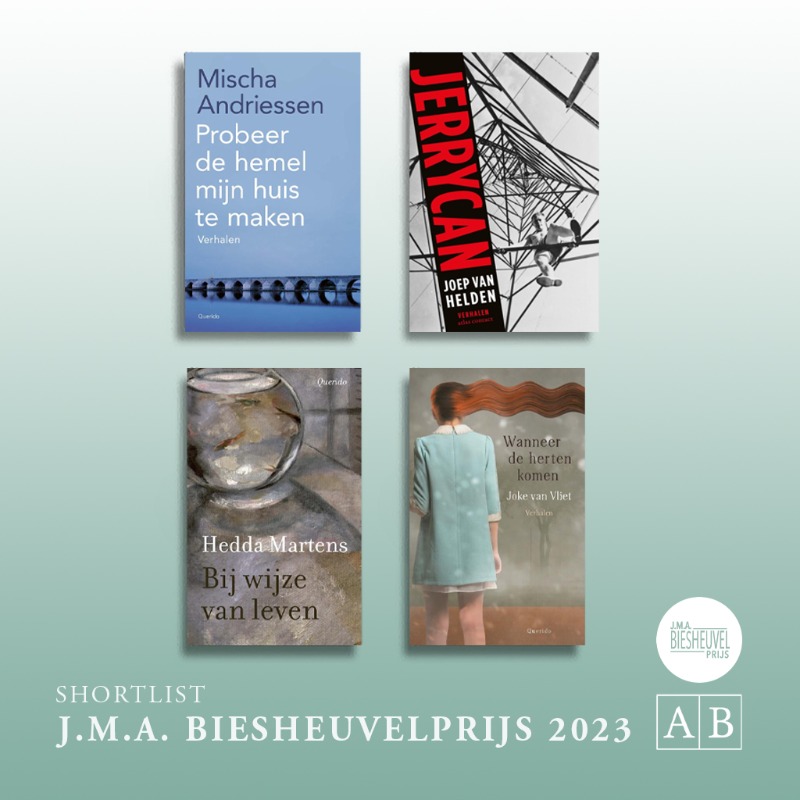 Athenaeum's tweet photo. De shortlist voor de J.M.A. @Biesheuvelprijs 2023 is bekendgemaakt! Mischa Andriessen, Joep van Helden, Hedda Martens en Joke van Vliet maken kans. Lees op onze site de achtergronden &amp; fragmenten!

(De winnaar wordt 19-2 bekend bij @SPUI25 https://t.co/eCyl0NMBAj. @SLAAmsterdam)