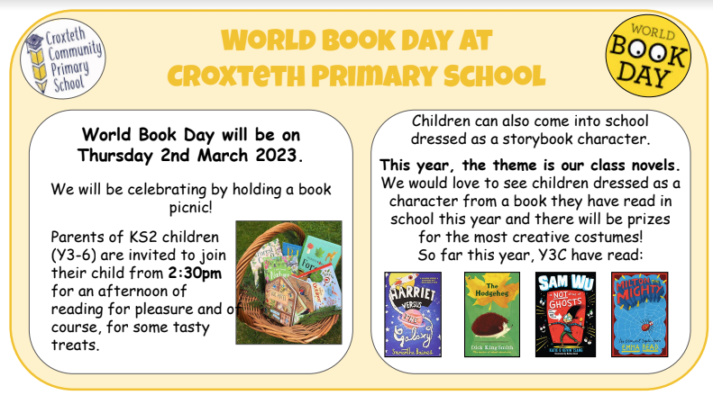Parents, come join your child on 2nd March for our World Book Day celebrations #WorldBookDay