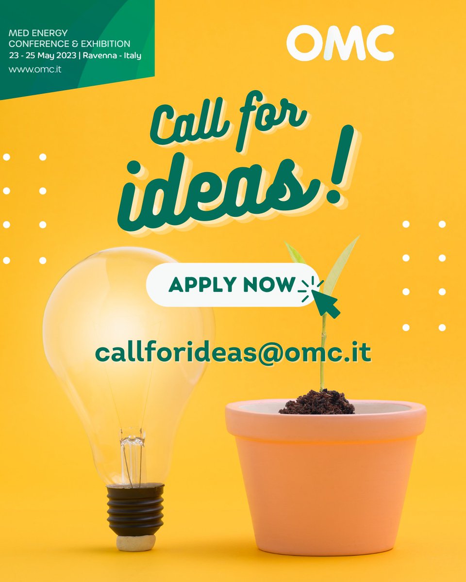 💡 We just launched the new "Call for Ideas - Mediterranean Region" with <a href="/FEEMit/">FEEM</a> and <a href="/UfMSecretariat/">Union for the Mediterranean</a> 

As winner, you will be invited to present your project at the Innovation Room during the 2023 #OMC
Info 👉bit.ly/3XgXGW8

🗓 Deadline: March 20th, 2023