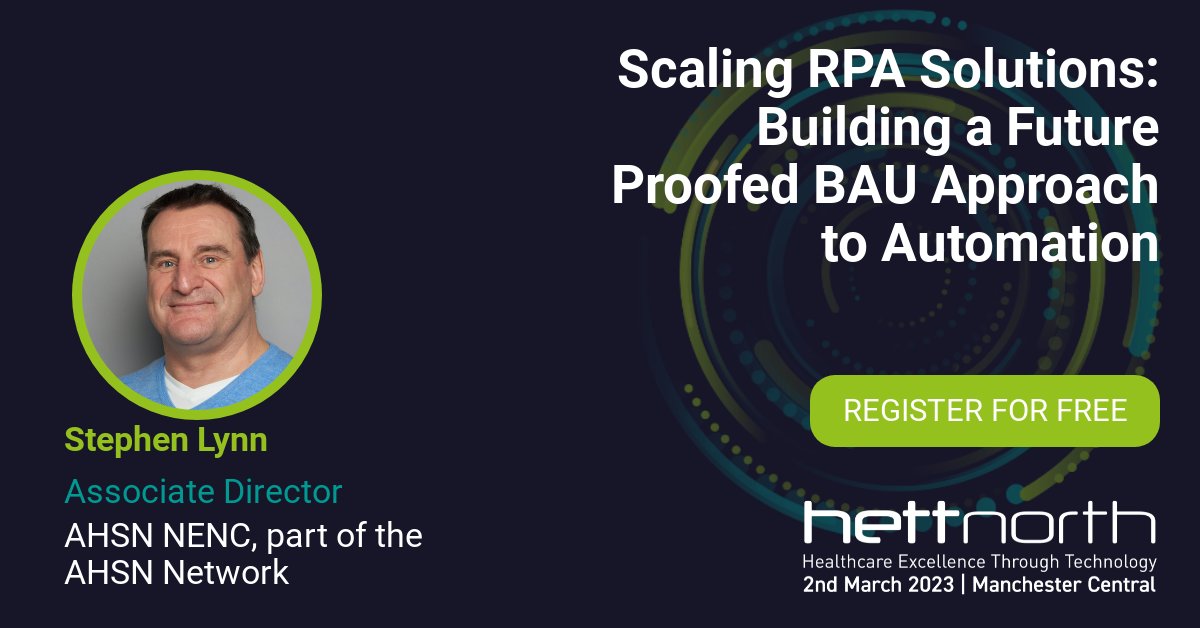 HETTShow's tweet photo. Stephen Lynn, Associate Director @AHSN_NENC, will join the #HETTNorth session 'Scaling RPA Solutions: Building a Future Proofed BAU Approach to Automation' on 2nd March. 

Secure your place at HETT North to convene, connect &amp; collaborate ⬇️https://t.co/VH50NS3vaR https://t.co/EODQTRc8tr