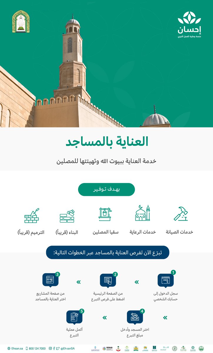 EhsanSA's tweet photo. بالتعاون مع وزارة الشؤون الإسلامية @Saudi_Moia تطلق #منصة_إحسان خدمة العناية بالمساجد، بهدف تهيئتها وتوفير مستلزماتها؛ لتعين المصلين على أداء عبادتهم.
https://t.co/tWIWmR1qQD
#مساجد_إحسان https://t.co/gATHutkAXQ