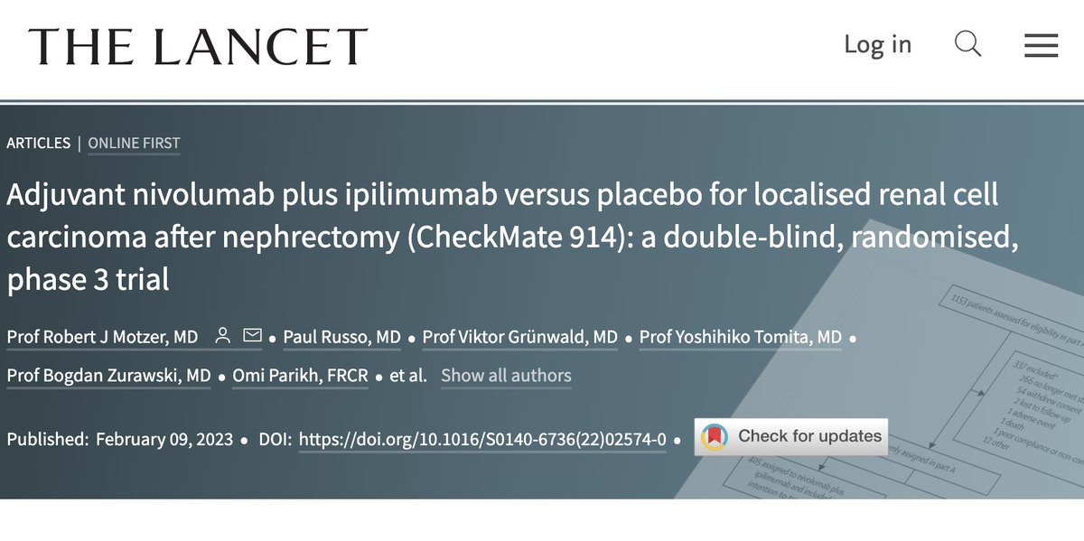 🔘 On @TheLancet - Assessing the efficacy and safety of adjuvant nivolumab + ipilimumab versus placebo for localised renal cell carcinoma after nephrectomy (CheckMate 914) #immunotherapy #kidneycancer thelancet.com/journals/lance…