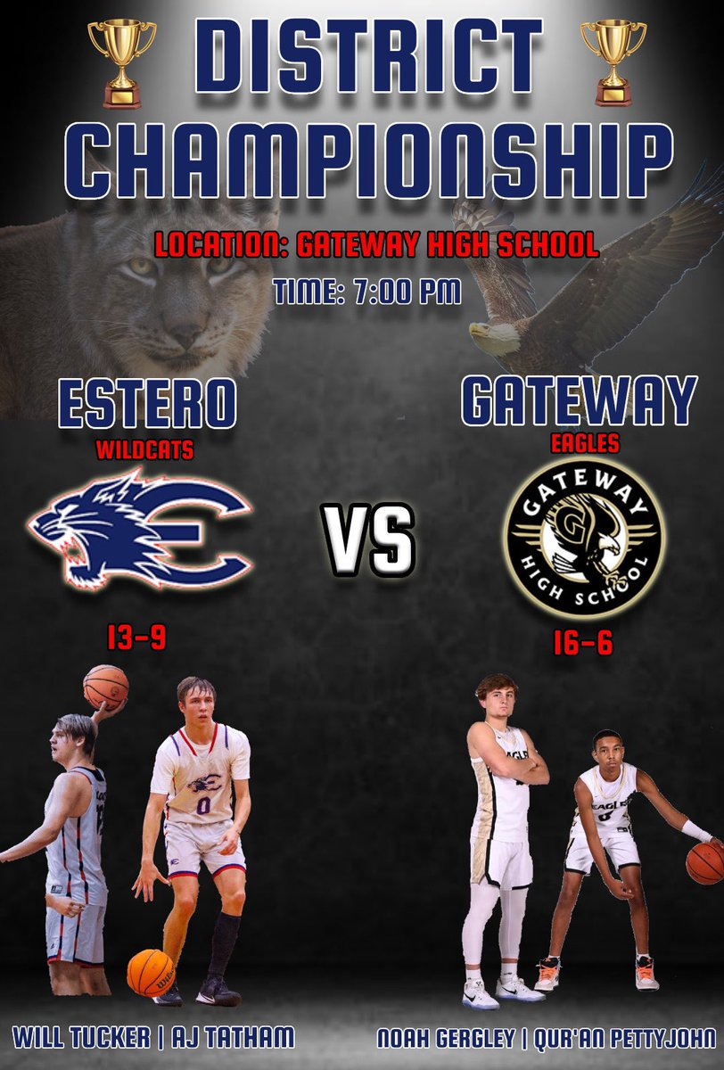 Let’s go Wildcats.  Playing tonight for a district championship.  Come out and support us, 7:00 at Gateway.  @AlexTatham3 @wtuck04 @Bradyknutson15 @jd_dintino_golf @EsteroWildcats @EsteroClub @swflhoops @Bigdaugbball