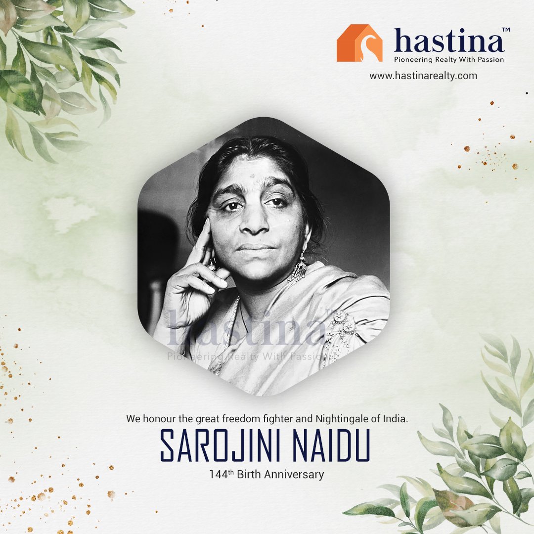 HastinaRealty's tweet photo. As we mark the 144th birth anniversary of Sarojini Naidu, we honour her bravery, courage, and inspirational talent. #SarojiniNaidu

#Hastina #HastinaRealty #birthanniversary #sarojininaidupoem #freedomfighter #NightingaleofIndia #nationalwomensday #india #poetry #history https://t.co/xdSUeSvgmh