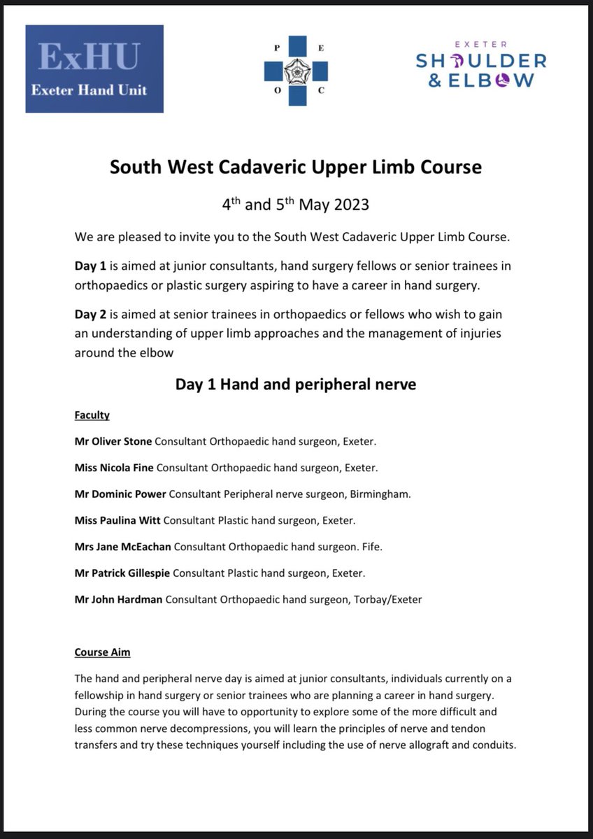 ExeterHandUnit's tweet image. It’s back! After the success of last year’s course we are hosting another. Day 1 is hand and peripheral nerve and day 2 is elbow approaches. Great faculty and great learning opportunity! First first serve so get in quick.  @shouldersurg @jmceachan @dominicpower1 @NicolaFine1