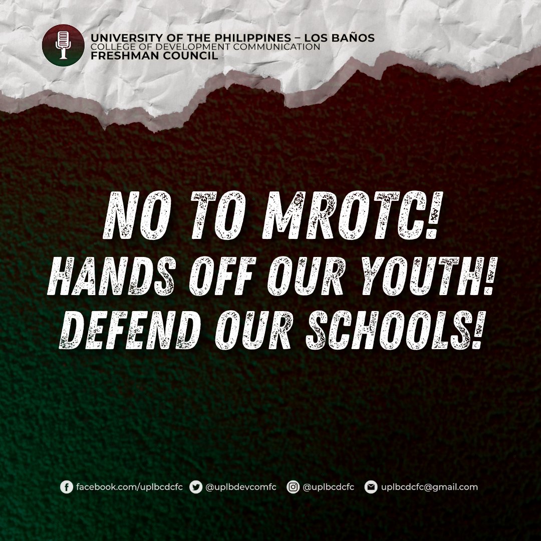 [STATEMENT OF THE CDC FC ON MANDATORY ROTC]

The CDC FC calls for the abolishment of measures seeking to make ROTC a mandatory course to stop and prevent the mercenary traditions and practices inside educational institutions.

#NoToMROTC
#HandsOffOurYouth
#DefendOurSchools