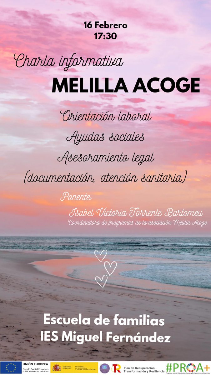 El jueves 16 d febrero a ls 17:30 la coordinadora d programas d l asociación Melilla Acoge estará n nuestra escuela de familias. Nos explicará los distintos ámbitos n ls que nos pueden asesorar: orientación laboral, solicitud d ayudas sociales... Os esperamos! #iesmiguelfernandez