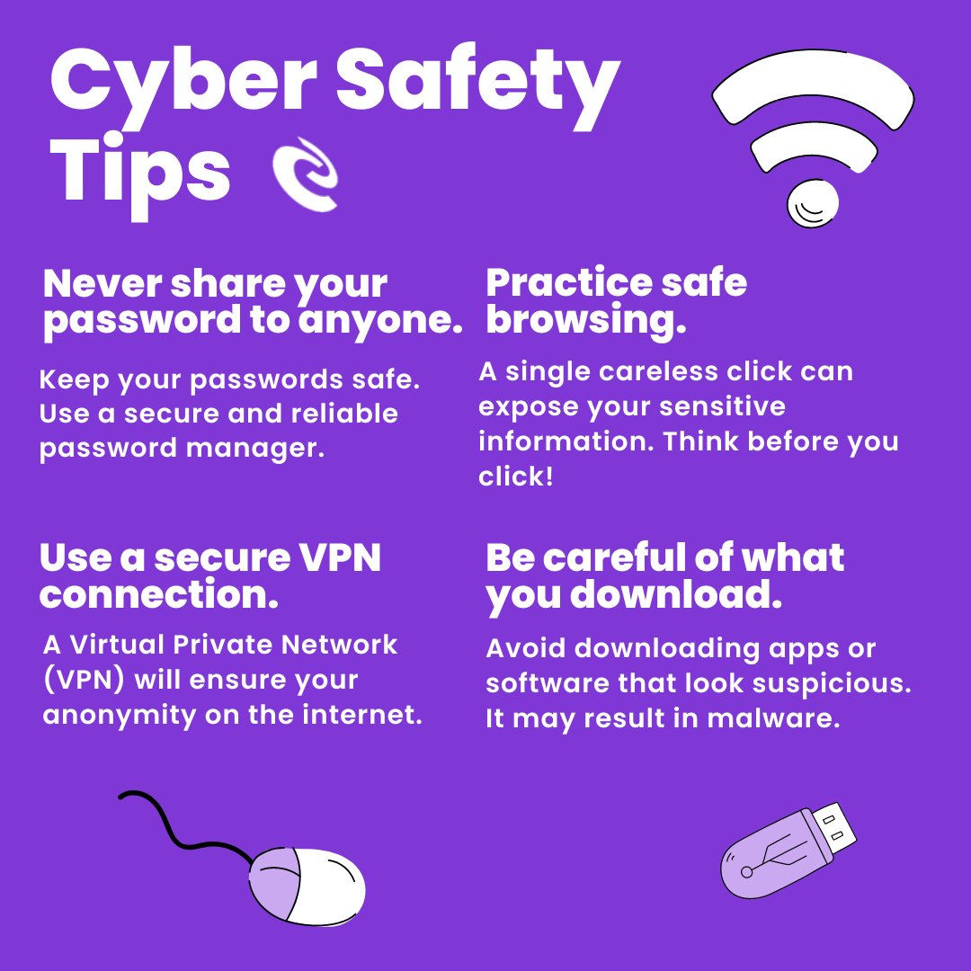Cyber Safety Tips 💻

✔️ Never share your password with anyone
✔️ Practice safe browsing 
✔️ Use a secure VPN connection
✔️ Be careful of what you download

cdnnetworks.com

#connectivity #cybersafety #WiFi