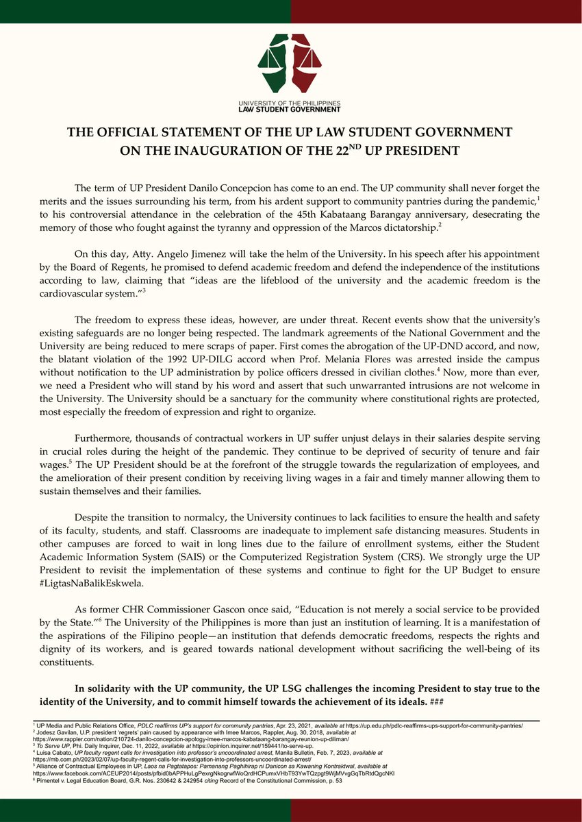 UP_LSG's tweet photo. [UP LSG STATEMENT ON THE INAUGURATION OF THE 22ND UP PRESIDENT]

The UP Law Student Government challenges the incoming UP President Angelo Jimenez to stay true to the identity of the University, and to commit himself towards the achievement of its ideal. (1/4)

#UPPrexy https://t.co/qLtBa13jq8
