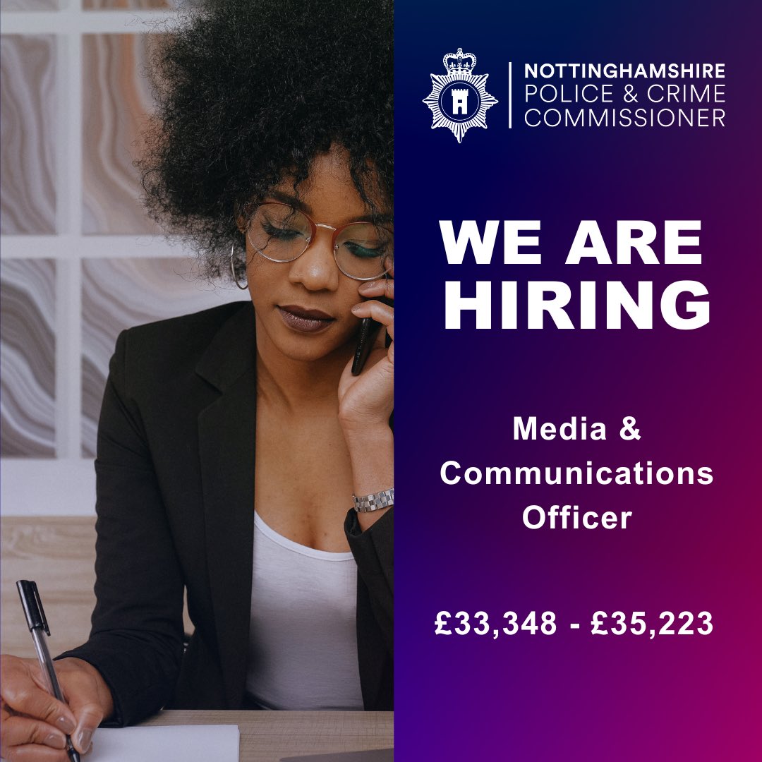 NottsOPCC's tweet photo. We are looking for a Media and Communications Officer to be our operational lead for identifying and delivering comms opportunities for the Office of the Police and Crime Commissioner for Nottinghamshire. https://t.co/fRaXdeWnTd