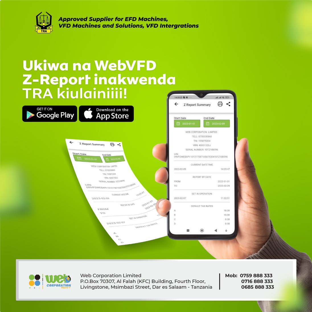 web_corpltd's tweet photo. Uzuri wa WebVFD huhitaji tena kuwaza changamoto za utumaji wa Z-Report na mashinekuji-block ikiwa tu Z-Report hazitafika TRA. https://t.co/Ep0WB7iVKv
