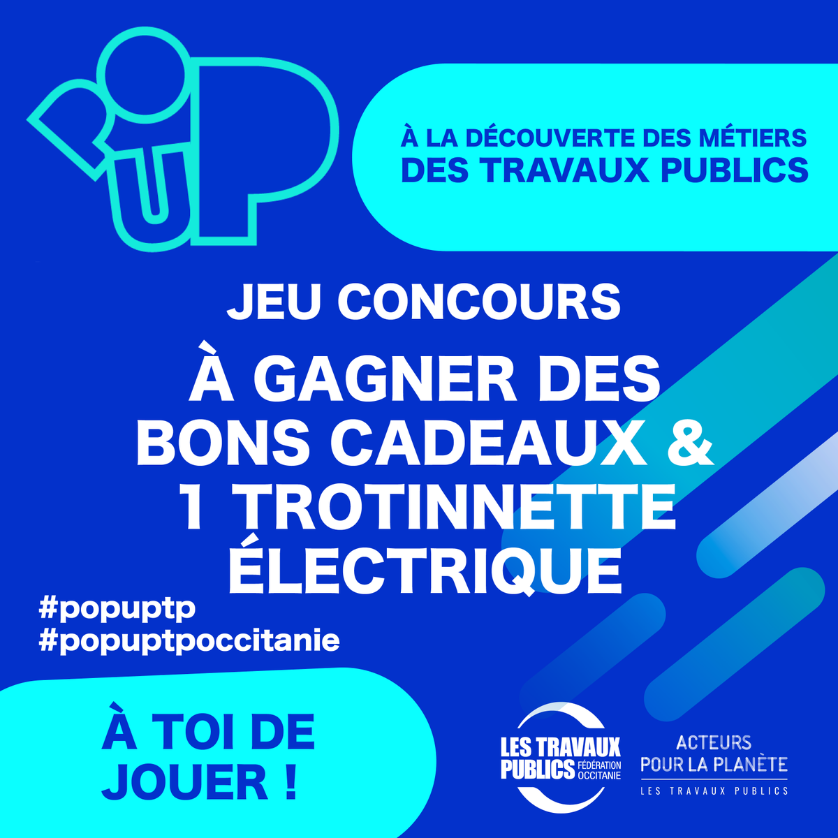 [JEU CONCOURS]✨<a href="/FRTPLR/">FRTP Occitanie délégation Méditerranée</a>  lance son compte TIK TOK dédié à l’événement POP-UP Métiers TP qui aura lieu mardi prochain. À cette occasion, un jeu concours est organisé.  À gagner des bons cadeaux et 1 trottinette électrique ! Comment participer ?👉instagram.com/iftpoccitanie/…