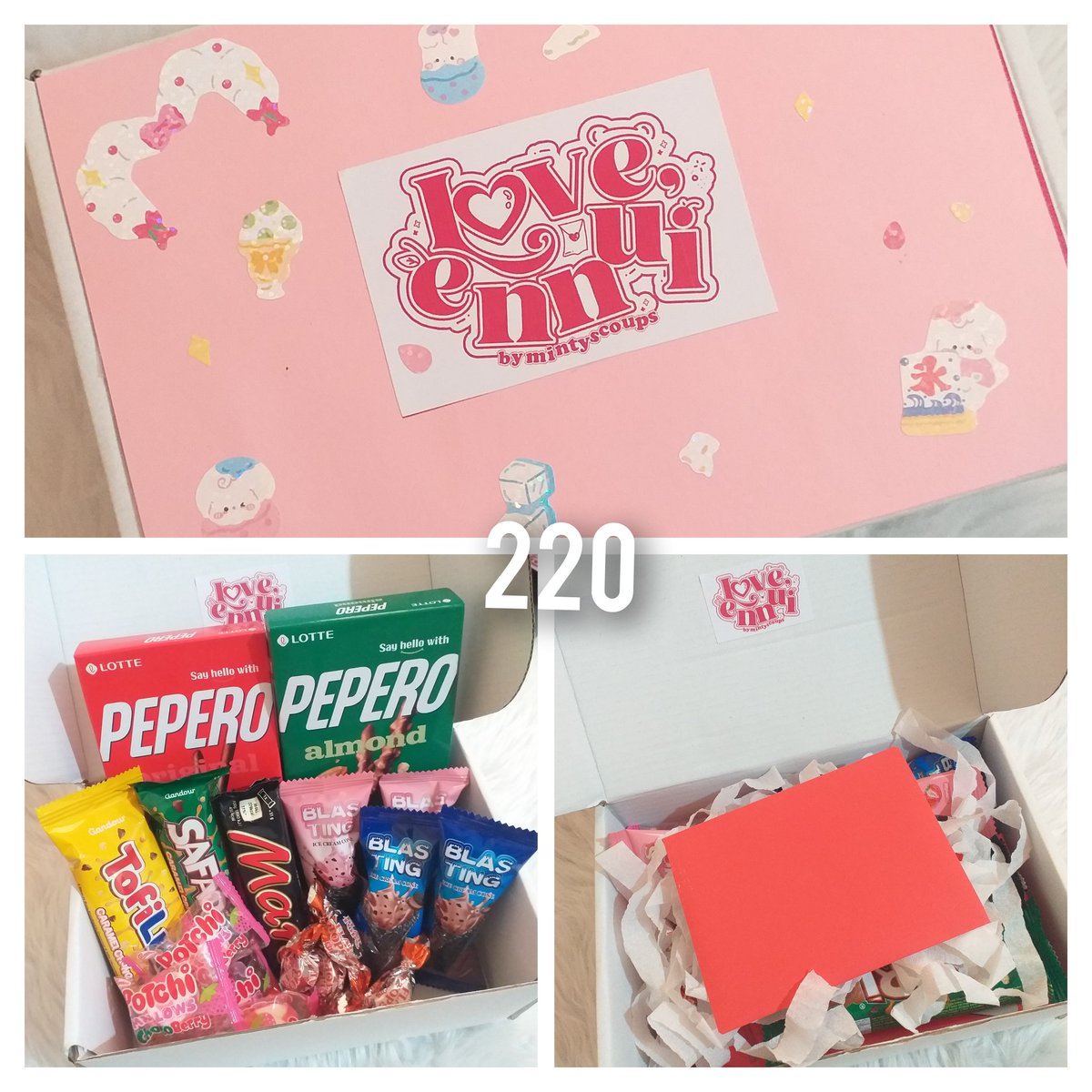 mintyscoups's tweet photo. 💌 i still have these care packages / snack boxes / valentine's surprise gifts left :)

I have one of each pa. prices on the pictures. yung last, 450.

- mod: jnt direct, sdd for pampanga
- mop: gcash, payo or feb 14
- with toploader sticker freebies!

t. wts lfb 
#ennuisells https://t.co/0k0RTnzGf6