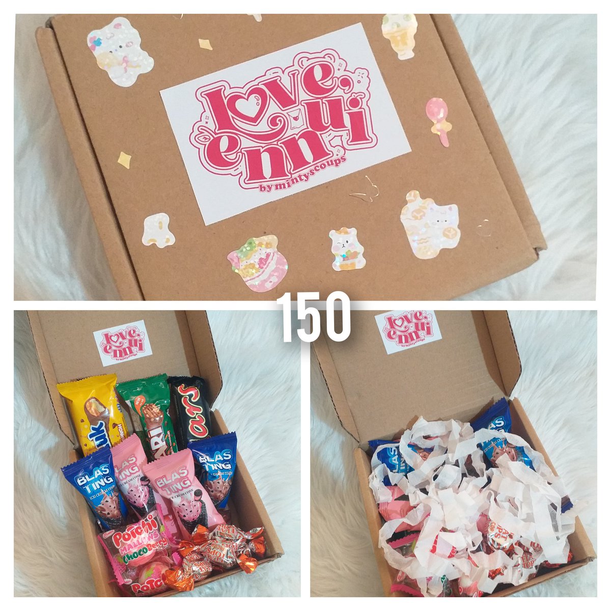 mintyscoups's tweet photo. 💌 i still have these care packages / snack boxes / valentine's surprise gifts left :)

I have one of each pa. prices on the pictures. yung last, 450.

- mod: jnt direct, sdd for pampanga
- mop: gcash, payo or feb 14
- with toploader sticker freebies!

t. wts lfb 
#ennuisells https://t.co/0k0RTnzGf6