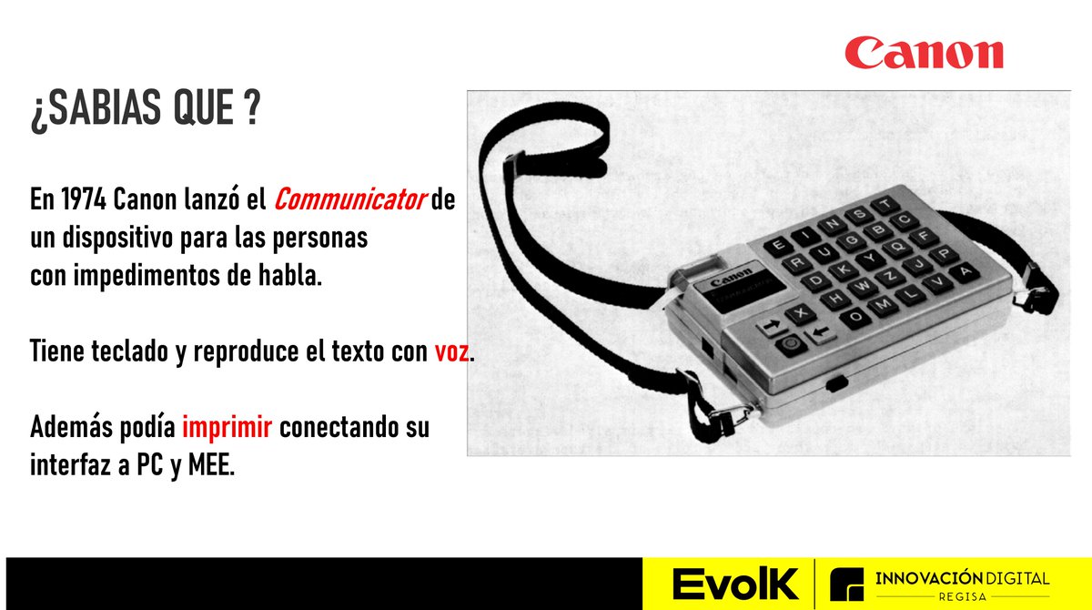 id_regisa's tweet photo. ¿SABIAS QUE ?

⭕En 1974 Canon lanzó el Communicator de un dispositivo para las personas con impedimentos de habla. 

⭕Tiene teclado un y reproduce el texto con voz.

⭕Además podía imprimir conectando su interfaz a PC y MEE. https://t.co/ndrAiv1w65