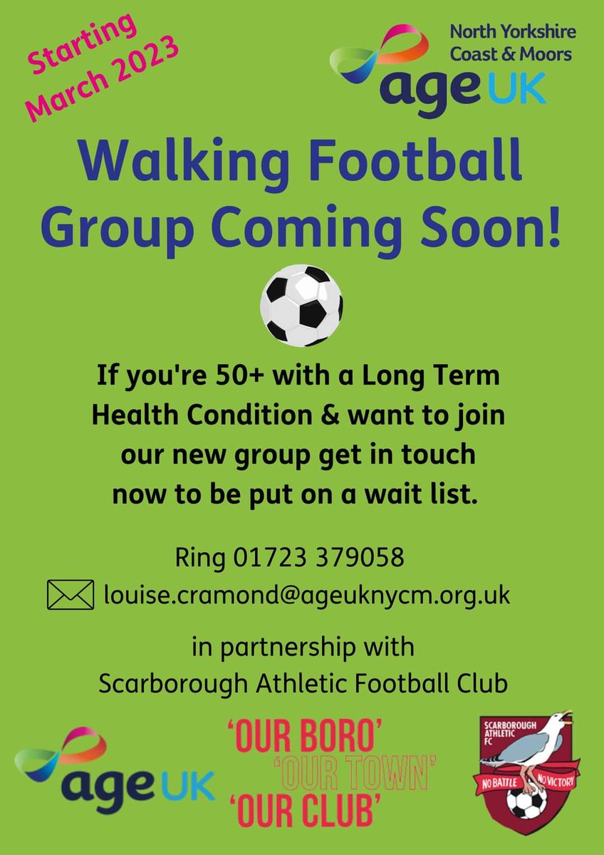 Walking Football Coming Soon and in partnershop with <a href="/safc/">Scarborough Athletic FC</a>! 
Please share :)
<a href="/AgeScarboro/">Age UK Scarborough</a>
<a href="/ageuk/">Age UK (now @age_uk)</a> 
#walkingfootball
#WeAreUndefeatable