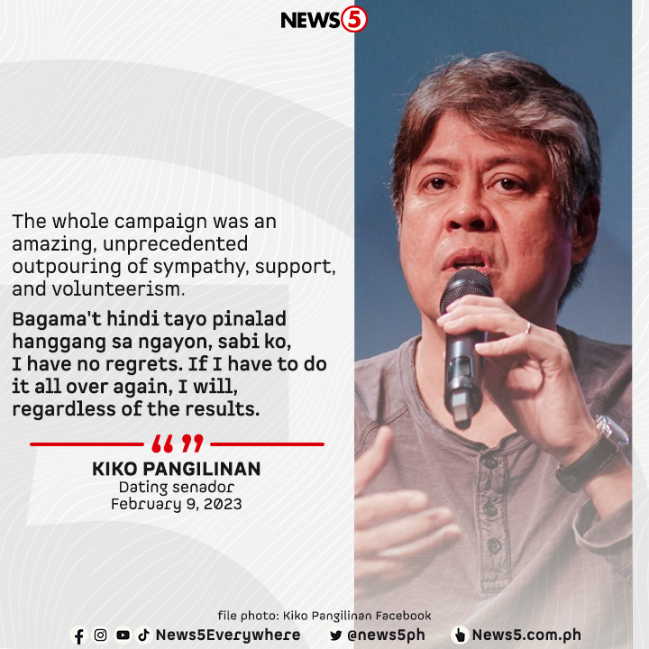News5PH's tweet photo. 'IF I HAVE TO DO IT ALL OVER AGAIN, I WILL, REGARDLESS OF THE RESULTS.'

Nagbalik-tanaw si dating senador Kiko Pangilinan sa pagtakbo niya sa pagkabise presidente noong 2022 elections. #News5 https://t.co/0JXPFkcmUx