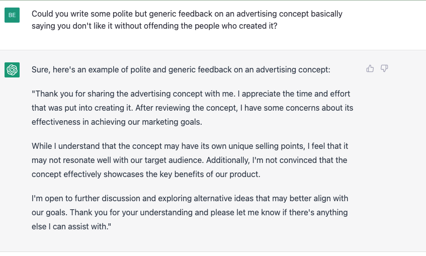 Benjamin_Scott's tweet photo. Been playing around with #ChatGPT - is there an advertising creative who hasn't seen a response like this before? Chilling. #Copywriting #AIwriting https://t.co/ccx6NOdf0n