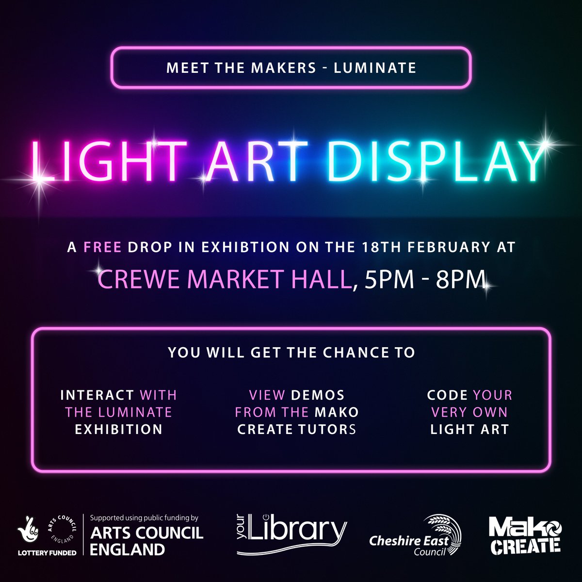 MakoCreateUK's tweet photo. Light up the night with us at the free Luminate Meet The Makers Light Art Display๐ก๐จ
Sign up via the link in our below:
https://t.co/DdgdUiClOZ
#crewe #creweexhibition #creweart #luminate #lightartdisplay
@CheshireEast https://t.co/QJiXXRNh5T