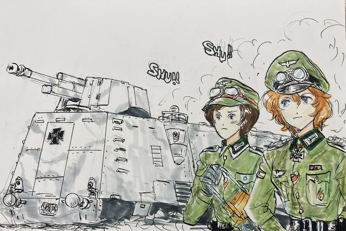 映画「大列車作戦」は、やはりドイツ軍の装甲列車が気になったので黒森峰バージョンを描いてみました。
乗員キャラは赤星小梅技師少佐と小島エミ機関士です。