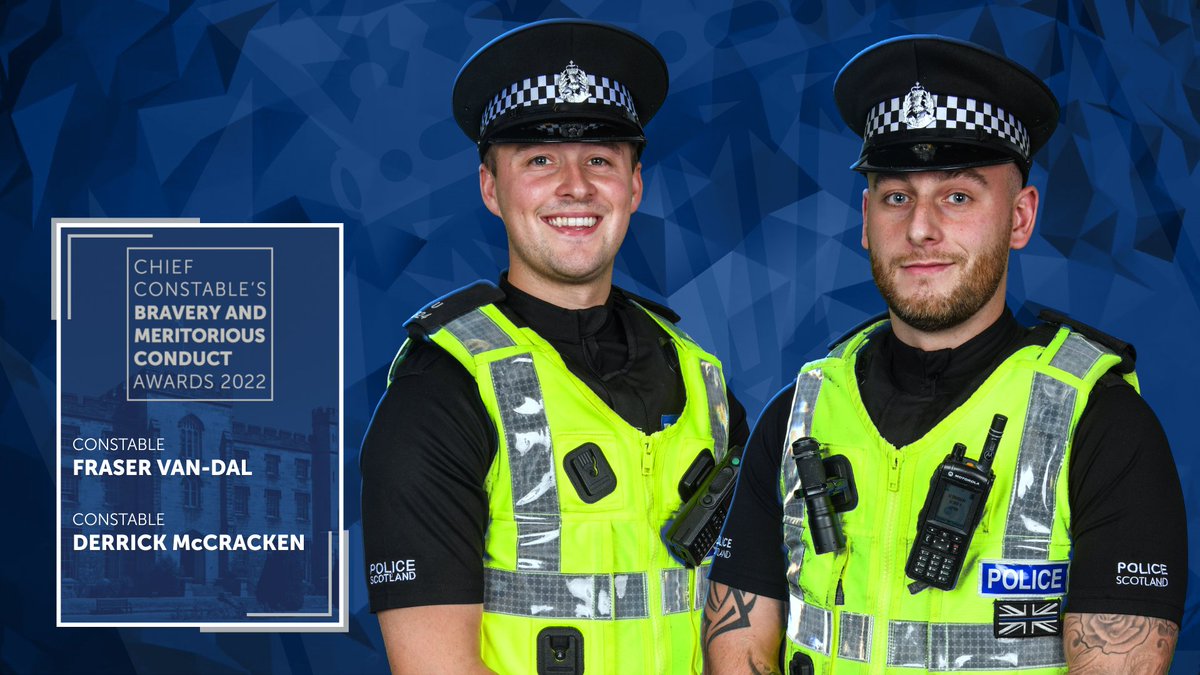 PoliceScotland's tweet photo. PC McCracken and PC Van-Dal displayed courage and composure when they arrested a violent male.

The man wrapped his arm around PC McCracken's neck and attempted to gouge out his eye. PC Van-Dal used PAVA spray, allowing officers to make the arrest.

#PolScotAwards https://t.co/XhOHK0Asxk