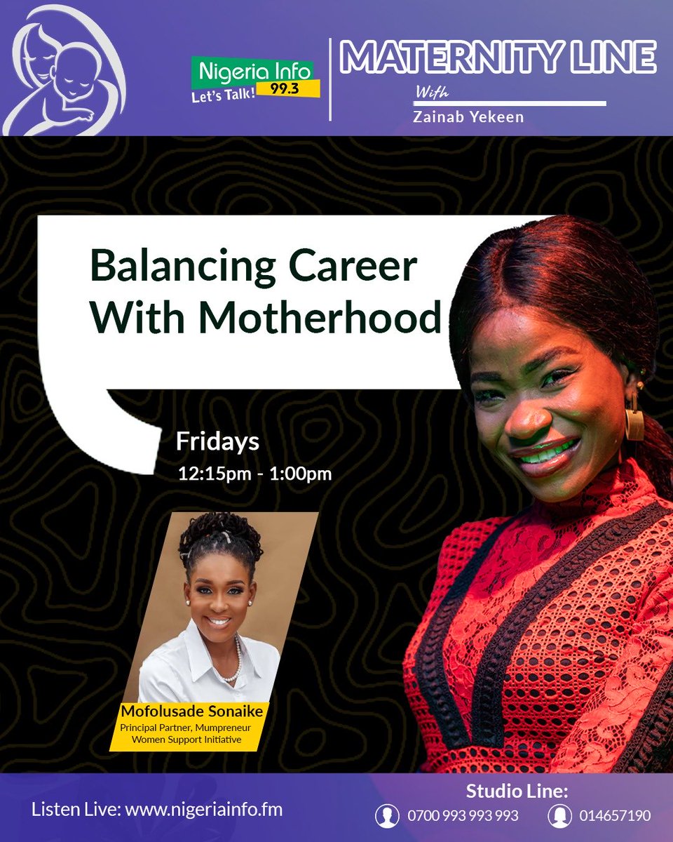 keenzaynab's tweet photo. #MaternityLine goes live about an hour. Wouldn’t you rather be a part of this great conversation we are having today on @NigeriainfoFM
Report shows more women are giving priorities to career over child support and family care; with many women arguing that… https://t.co/J6gqSRFd5V