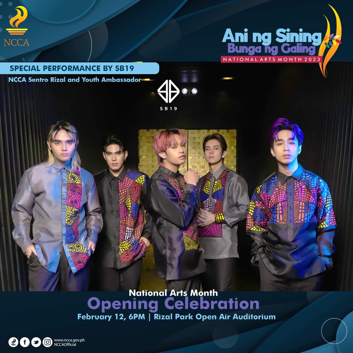 NCCAOfficial's tweet photo. Halina’t maki-sining kasama ang @SB19Official! 

A’TIN ipagdiwang ang National Arts Month ngayong Pebrero kasama ang NCCA Youth and Sentro Rizal Ambassadors! 

Abangan ang pagbubukas ng #NAM2023 ngayong Linggo, 12 Peb 2023, sa Rizal Park Open Air Auditorium. https://t.co/QQJpVBejBg