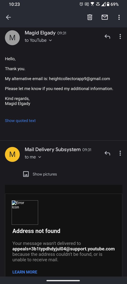 MagidElgady's tweet photo. @TeamYouTube my YouTube channel was suspended due to a hacker accessing my account. I received an email from your appeals team asking for a different Gmail account to send the form but got the following error. Please can this be fixed. https://t.co/6IuTSdbBwc