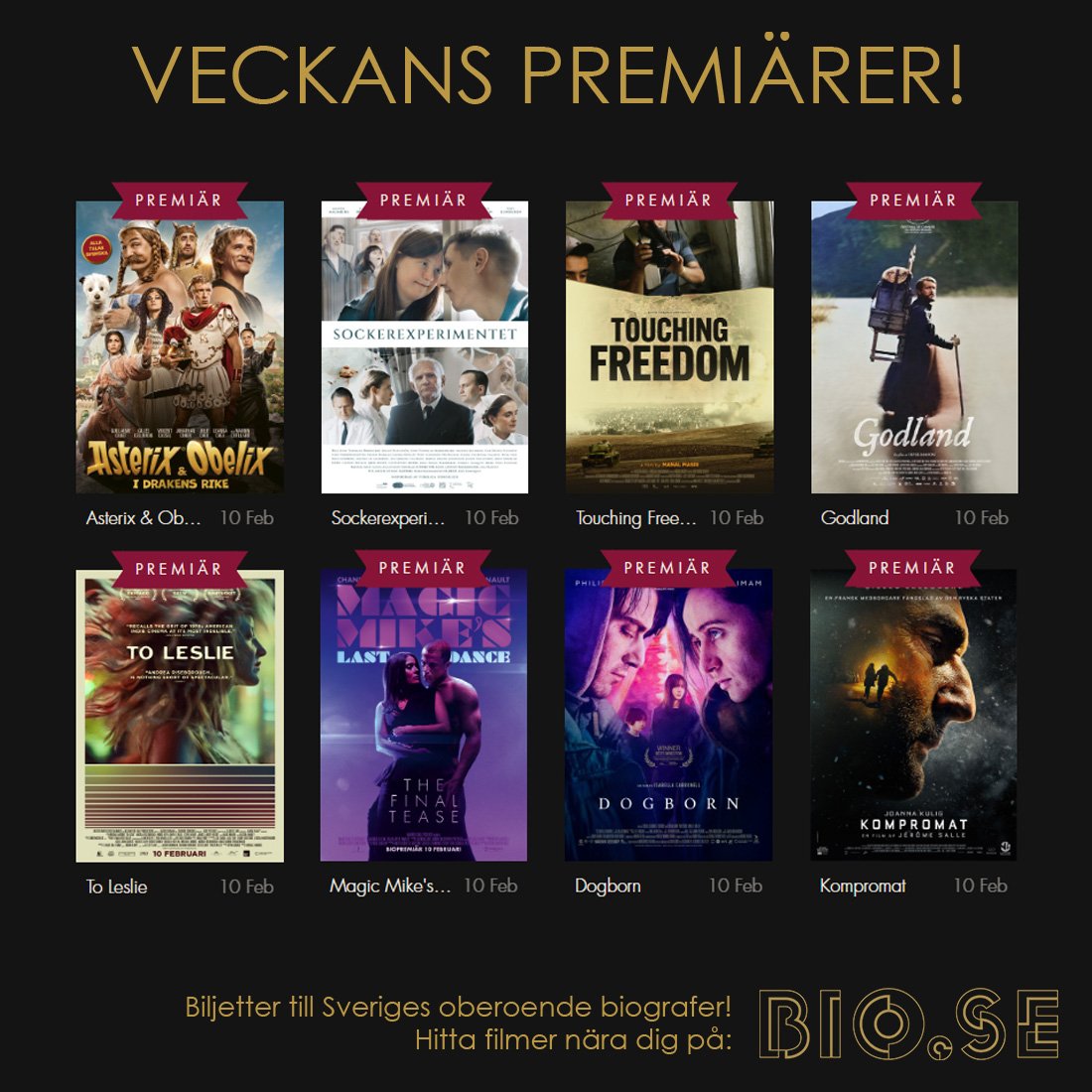 Bio_punkt_se's tweet photo. Fullspäckad premiärfredag med ett helt gäng fina filmer att välja mellan! 🤩
#AsterixOchObelixIDrakensRike #Sockerexperimentet #TouchingFreedom #Godland #ToLeslie #MagicMikesLastDance #Dogborn #Kompromat #veckanspremiärer #filmtips #biopremiär #biopunktse #filmpåriktigt https://t.co/glnBKz3wUg