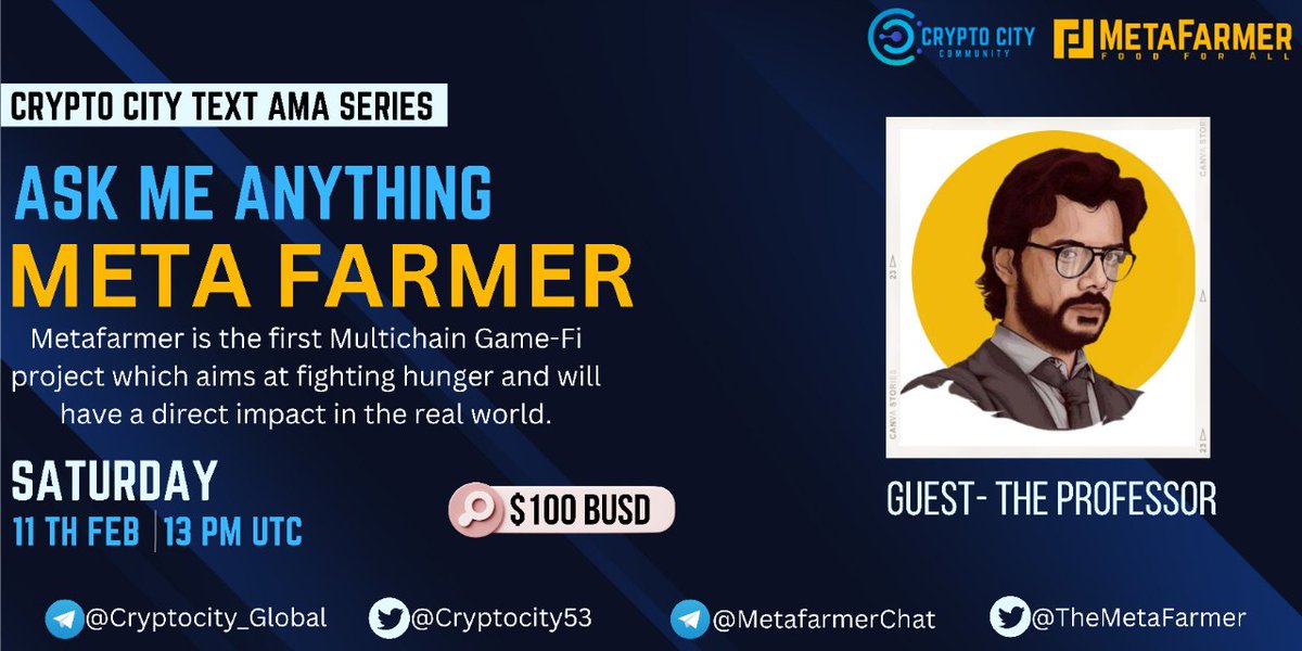 🎙️We're pleased to announce our next Special #TEXT AMA with <a href="/TheMetaFarmer/">MetaFarmer</a> 11th February at 13:00 PM UTC

🏠Venue: t.me/Cryptocity_Glo…

💰Reward - $100 BUSD

🚨Rules:

1️⃣Follow <a href="/CryptoCity53/">Crypto City</a> &amp; <a href="/TheMetaFarmer/">MetaFarmer</a>
2⃣Like &amp;  RT
3️⃣Comment Your Question.