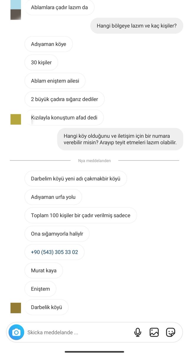 @BaronDiaz1907 Darbelik köyü yeni adı çakmakbir köyü, Adıyaman urfa yolu
Toplam 100 kişiler bir çadır verilmiş sadece, Ona sığamıyorlar haliyle.
İletişim Murat Kaya : +90(543) 305 33 02

Arayıp teyit alabilirsiniz.