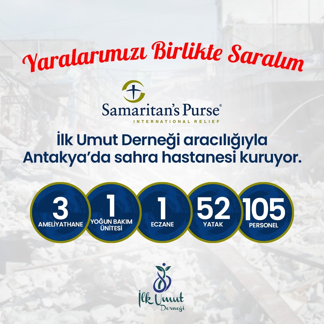 ilkumutder's tweet photo. Amerikan yardım kuruluşu Samaritan’s Purse, İlk Umut Derneği’nin aracılığıyla 52 yataklı sahra hastanesi ile onlarca teknik ekipman, yardım malzemesi ve sağlık personelini bugün (10.02.2023) akşam 21.00’da Adana’ya indirecek. https://t.co/hxjKibDFgt