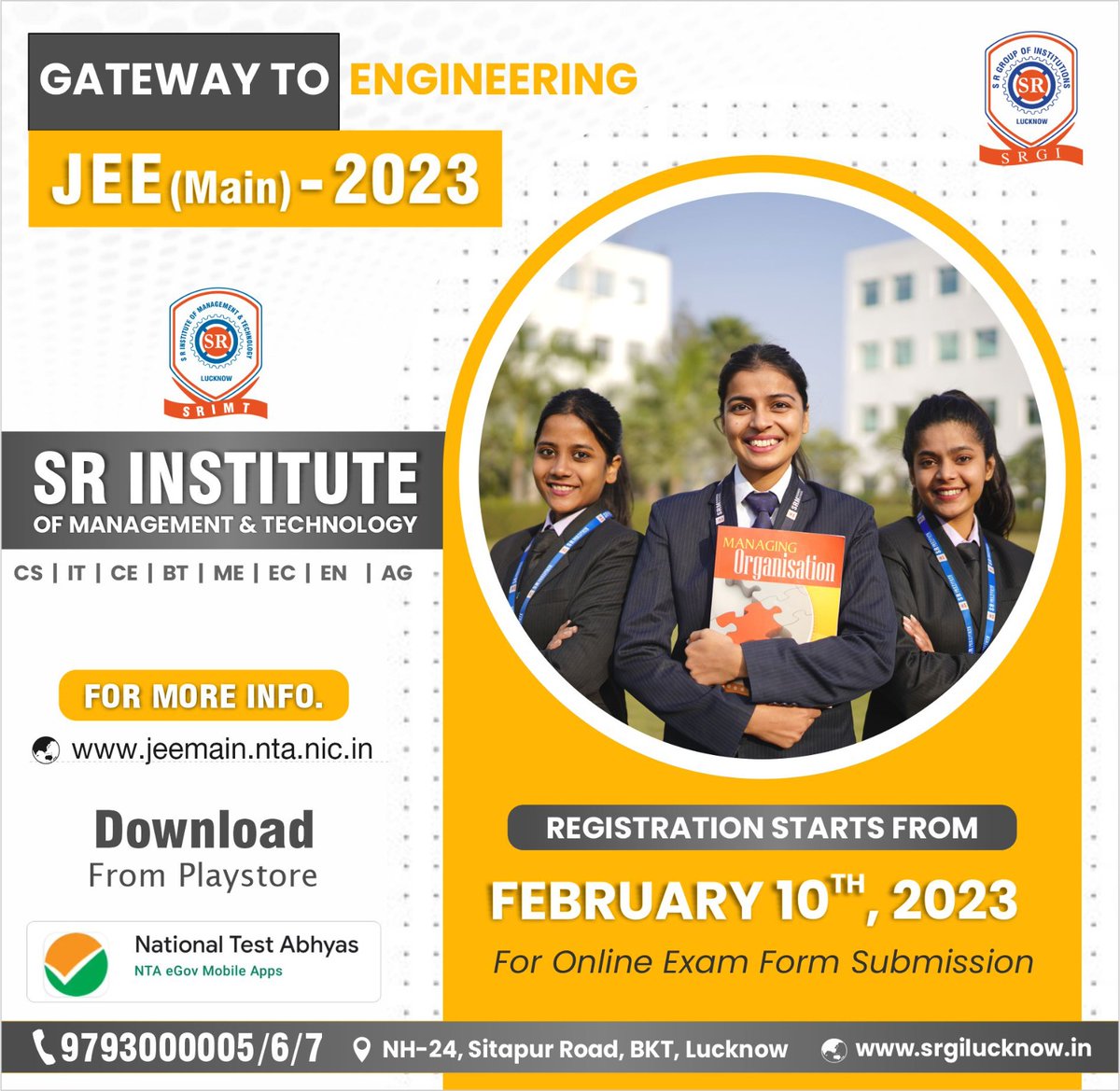 SRGROUPLKO's tweet photo. All the aspirants of Engineering, Register yourself for JEE 2023.
SRGI is wishing a bright future ahead.
#srgilucknow
#SRgroup
#SRIMT
#jeemain2023 https://t.co/5BQj3NGG7d