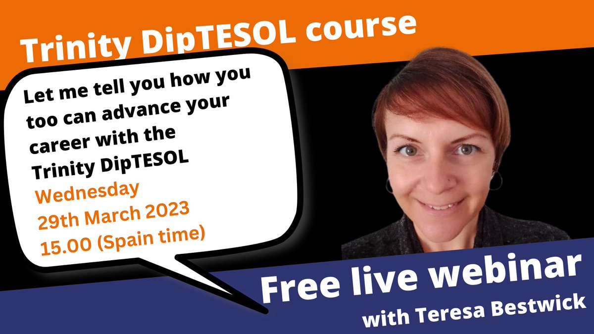 oxfordtefl's tweet photo. Live webinar coming up with @TeresaBestwick: Advance your #career with the #TrinityDipTESOL course. Register here to find out more about this course and participate in the live Q & A: https://t.co/FttYGvmZFY #teacherdevelopment #Englishteacher #TESOL #ELT #ESL #TEFL https://t.co/0GqxybeIrf