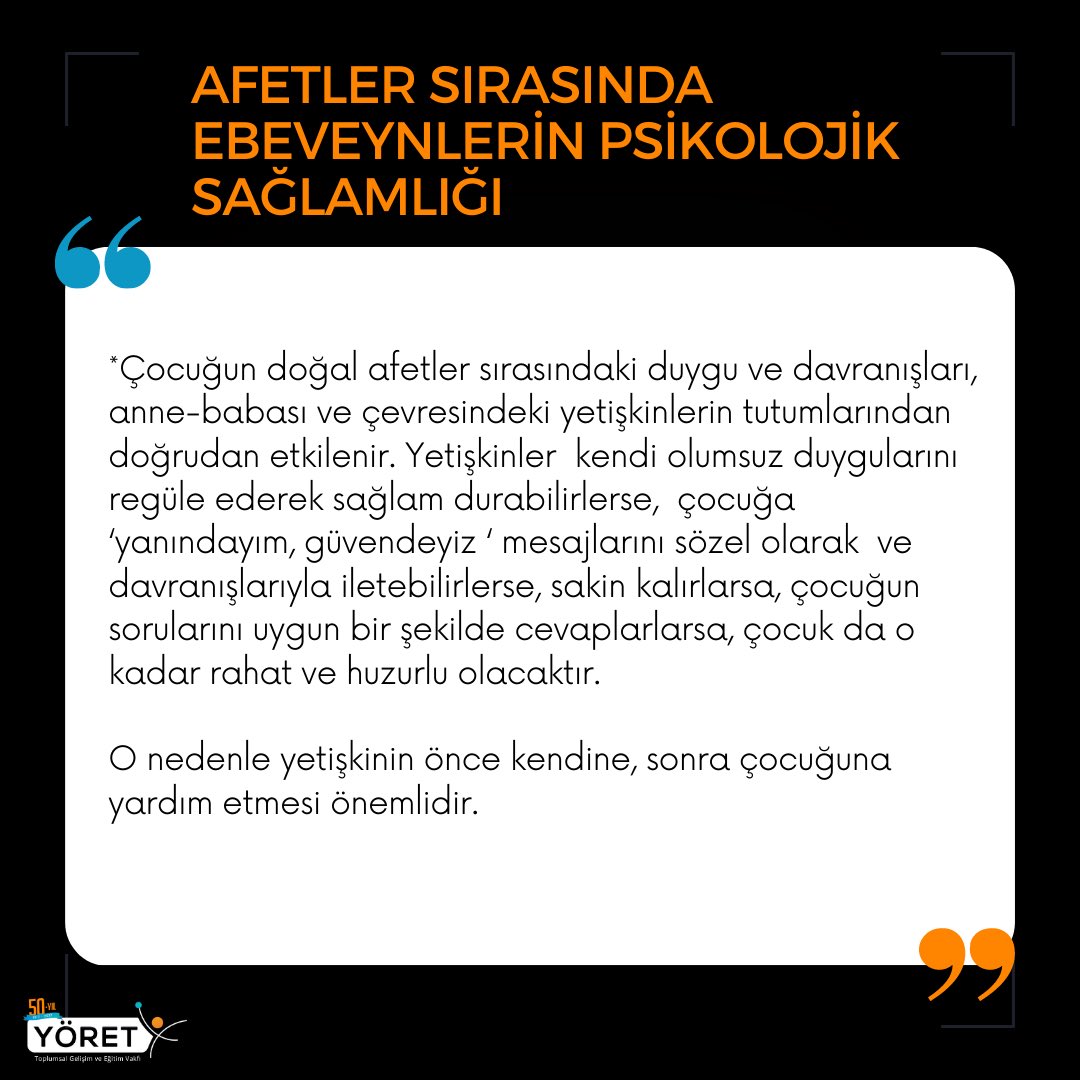 Çocuğun doğal afetler sırasındaki duygu ve davranışları, anne-babası ve çevresindeki yetişkinlerin tutumlarından doğrudan etkilenir. Afetler karşısında Ebeveynlerin psikolojik sağlamlığı ve diğer bilgi notlarımız için ;👇🏾

docdroid.net/VnQzYIx/cocukl…