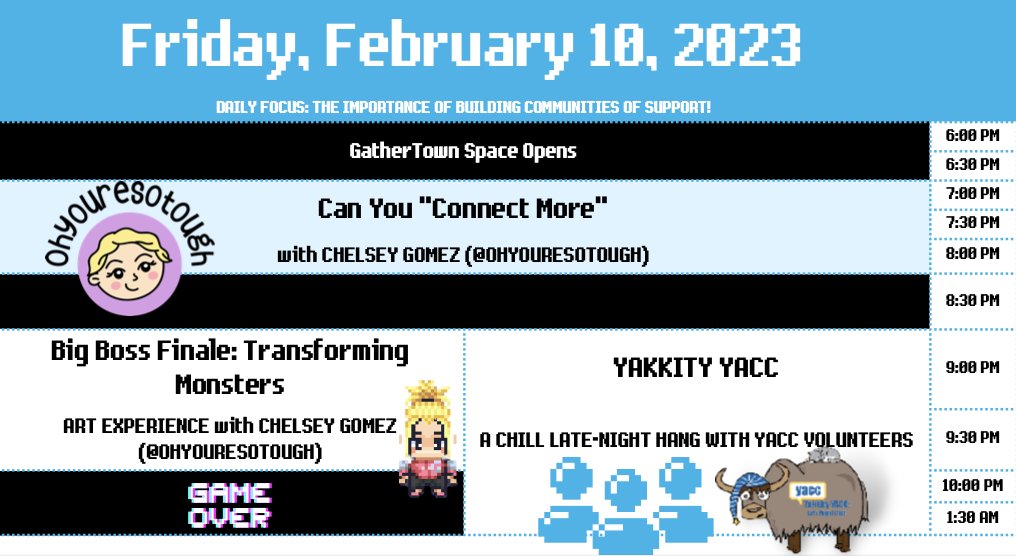 YACC (@yacancercanada) on Twitter photo 🎮 It's Survivor Conference 2023: Game On DAY 7 -- THE LAST DAY! 🎮
Today, we're talking about the importance of building communities of support with Chelsey Gomez of <a href="/ohyouresotough/">Chelsey Gomez | Artist & Cancer Community Advocate</a> at 7 p.m. EST, and more!
Register here: pheedloop.com/YACCSurvivorCo…
#YACCSC23 #YoungAdultCancer 🎮 It's Survivor Conference 2023: Game On DAY 7 -- THE LAST DAY! 🎮
Today, we're talking about the importance of building communities of support with Chelsey Gomez of <a href="/ohyouresotough/">Chelsey Gomez | Artist & Cancer Community Advocate</a> at 7 p.m. EST, and more!
Register here: pheedloop.com/YACCSurvivorCo…
#YACCSC23 #YoungAdultCancer